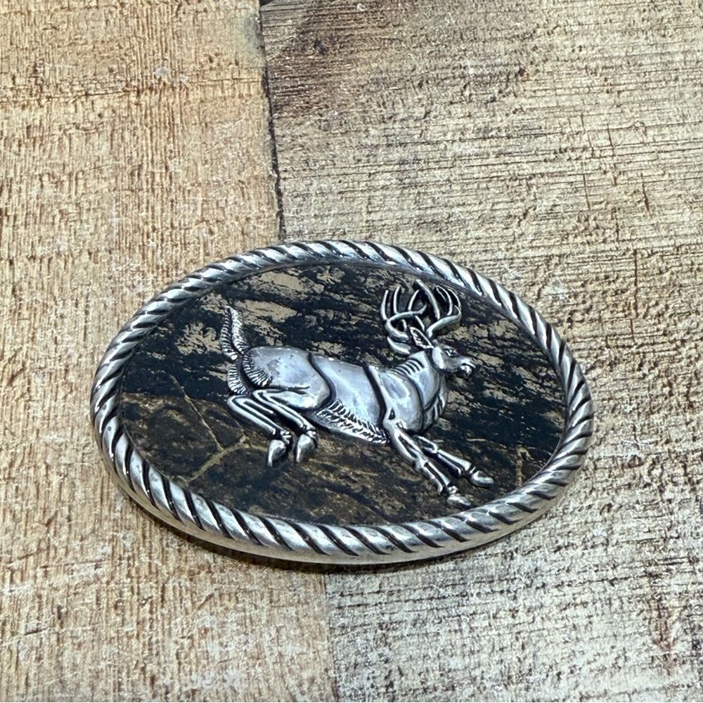 Running Jumping Deer in Nature Vintage Nocona Belt Buckle W/  camouflage backing